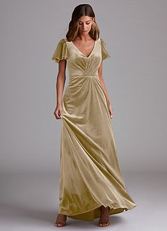 Azazie Soren Bridesmaid Dresses Golden Tan A-Line Velvet Dress image4
