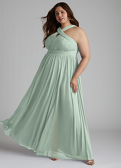 Azazie Hillian At-home Try On Dresses Agave A-Line Halter Pleated Mesh Dress image11
