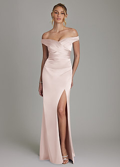Azazie Teyana Bridesmaid Dresses Blushing Pink Sheath Off the Shoulder Stretch Satin Dress image4