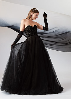 Azazie Persephone Black Nude Ball-Gown Lace Tulle Dress | Azazie