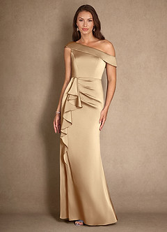 Azazie Hamptons Mother of the Bride Dresses Champagne A-Line Pleated Stretch Satin Dress image4