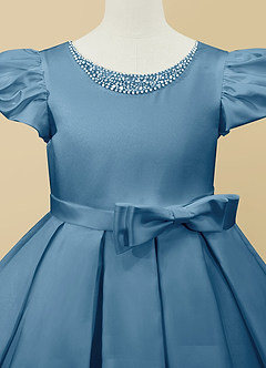 Azazie Jewel Jurken voor bloemenmeisjes Baljurk Jurk van Mat Satijn Geplooid Staal Blauw image7