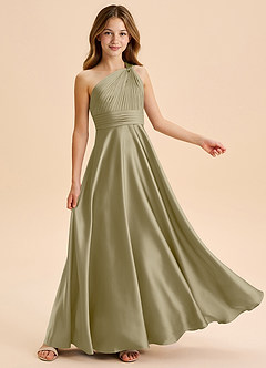 Azazie Charlize Junior Abito A-Line in Raso Elasticizzato Plissettato Verde Muschio image5