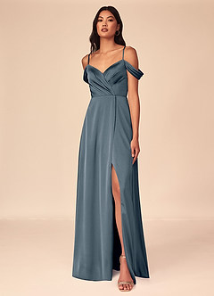 Azazie Ocean Bridesmaid Dresses Twilight A-Line V-Neck Pleated Stretch Satin Dress image1