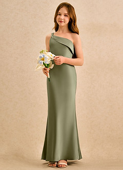 Azazie Almond Girls Formal Jurken voor bloemenmeisjes Kolom Jurk van Stretch Satijn One-shoulder Pistache image3