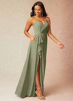 Azazie Kyedae Bridesmaid Dresses Pistachio A-Line V-Neck Pleated Chiffon Dress image3