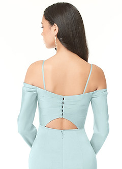 Azazie Hallie Jurken voor bruidsmeisjes Converteerbaar Jurk van Stretch Satijn met Kolom Off-the-shoulder lange mouw Zeeglas image13