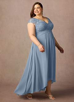 Azazie Irmeli Mère de la mariée Robes Robe Trapèze en Mousseline de soie Dentelle Bleu Poussiéreux image10