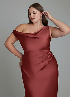 Azazie Emerson Bridesmaid Dresses Terracotta Mermaid Off the Shoulder Stretch Satin Dress image12
