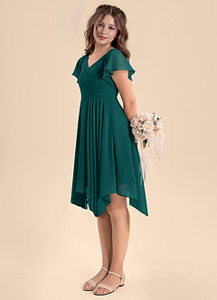 Azazie Janeaurelia Junior Abito A-Line in Chiffon Plissettato Verde Pavone image5