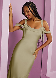 Barbie ♥ Azazie Vestidos de damas de honor Vestido de Musgo Verde de Satén Elástico de Corte Recto con Plisado image14