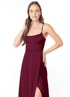 Azazie Halsey Bridesmaid Dresses Mulberry Sheath Side Slit Stretch Satin Dress image6