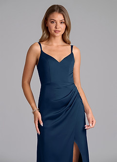 Azazie Leo Bridesmaid Dresses Dark Navy Sheath Pleated Stretch Satin Dress image3