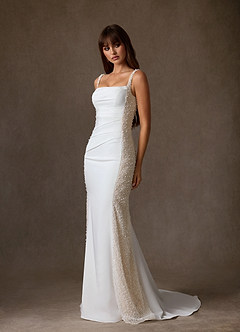 Azazie Shauna Wedding Dresses Diamond White Champagne Sheath Square Neckline Crepe Back Satin Dress image1