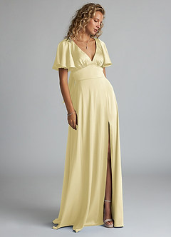 Azazie Kimber Bridesmaid Dresses Lemon Sorbet A-Line Ruched Stretch Satin Dress image4