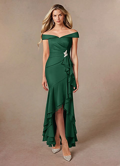 Azazie Billings Mother of the Bride Dresses Dark Green Mermaid Off the Shoulder Stretch Satin Dress image5