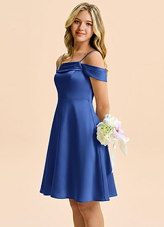 Azazie Anselie Junior Vestido Azul Real de Satén Elástico de Corte en A con Hombros descubiertos image6