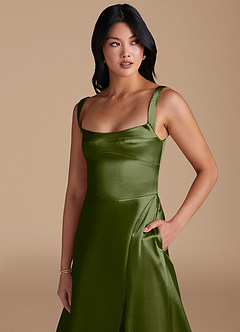 Azazie Hope Bridesmaid Dresses Olive A-Line with Pockets Metallic Satin Dress image3