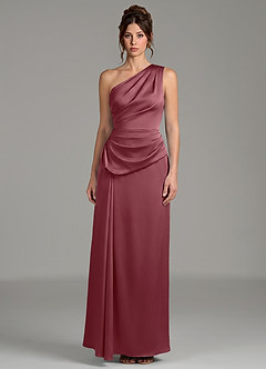 Azazie Zahira Robes de demoiselle d'honneur Robe Fourreau en Satin extensible Une épaule Rose Du Désert image3