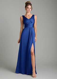 Azazie Karina Robes de demoiselle d'honneur Robe Trapèze en Satin extensible Plissée Bleu Roi image6