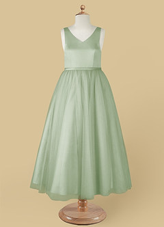 Azazie Marybell Flower Girl Dresses Dusty Sage A-Line Bow Tulle Dress image9