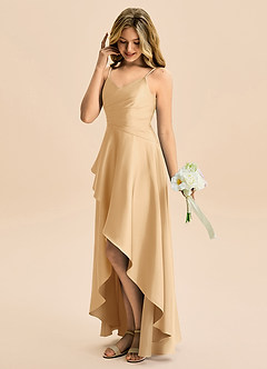 Azazie Eirlys Junior Vestido Ouro de Cetim elástico de Linha A com Plissado image3