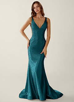 Roxana Verde Pavone Abito da ballo con corsetto e scollo a V e strass image3