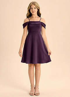Azazie Anselie Junior Plum A-Line Pleated Stretch Satin Dress image3