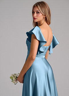 Azazie Leilani Bridesmaid Dresses Steel Blue A-Line Ruched Stretch Satin Dress image9