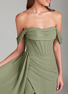 Azazie Amyra Bridesmaid Dresses Pistachio Sheath Off the Shoulder Chiffon Convertible Dress image5