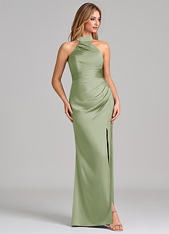 Azazie Karlotta Bridesmaid Dresses Dusty Sage Sheath Pleated Stretch Satin Dress image5