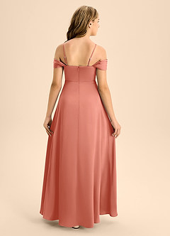 Azazie Anselie Junior Salmon Pink A-Line Off the Shoulder Stretch Satin Dress image2