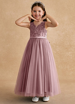 Azazie Cinna Flower Girl Dresses Dusty Rose A-Line Lace Tulle Dress image5