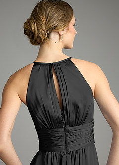 Azazie Bonnie Bridesmaid Dresses Black A-Line Pleated Stretch Satin Dress image6