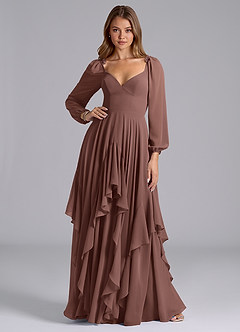 Azazie Karan Bridesmaid Dresses Espresso A-Line Long Sleeve Chiffon Dress image3
