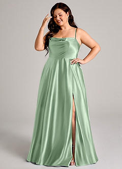 Azazie Elle Bridesmaid Dresses Matcha A-Line with Pockets Metallic Satin Dress image4