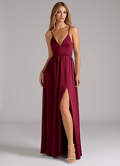 Azazie Aaida Bridesmaid Dresses Burgundy A-Line Corset Stretch Satin Dress image4