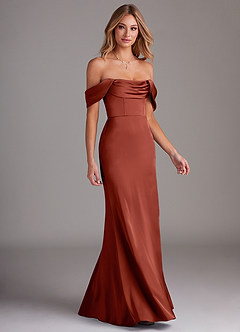 Azazie Saige Bridesmaid Dresses Terracotta Sheath Off the Shoulder Stretch Satin Dress image6
