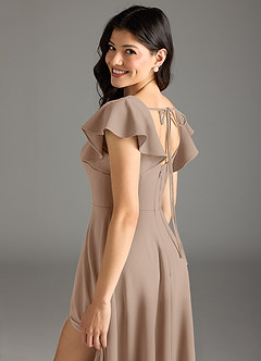 Azazie Bondi Final Sale Taupe A-Line Ruched Stretch Crepe Dress image7