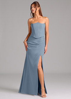 Azazie Jenine Vestidos de damas de honor Vestido de Azul Polvoriento de Gasa de Corte Sirena con Sin tirantes image5