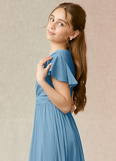 Azazie Mosley Junior Vestido de Azul Acero de Malla de Corte En A con Volante image6
