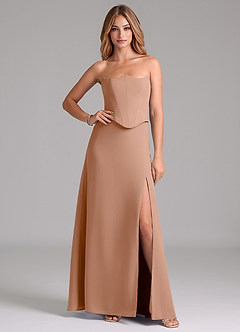 Azazie Jenilyn Vestidos de damas de honor Vestido de Champán Rosado de Gasa de Corte en A con Sin tirantes image1