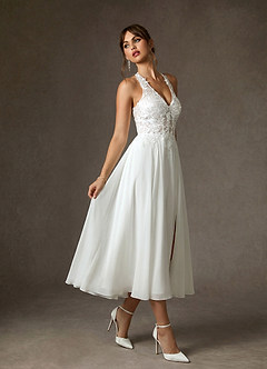 Azazie Sonia At-home Try On Dresses Diamond White A-Line Lace Dress image1