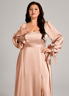 Azazie Leonia 신부 들러리 드레스 A라인 긴팔 스트레치 새틴 바닥 길이 드레스 image9