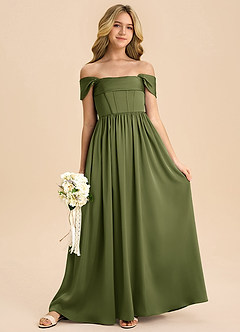 Azazie Hattie Junior A-Linie Plissee Stretch-Satin Kleid Olivgrün image3