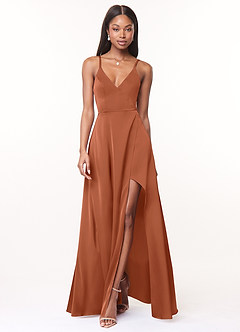 Azazie Maksim Bridesmaid Dresses Cedar Rose A-Line V-Neck Stretch Satin Dress image1