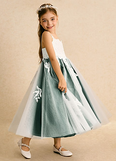 Azazie Coraline Flower Girl Dresses Ivory Emerald A-Line Lace Dress image5