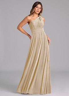 Azazie Charlize Bridesmaid Dresses Champagne A-Line One Shoulder Velvet Dress image4
