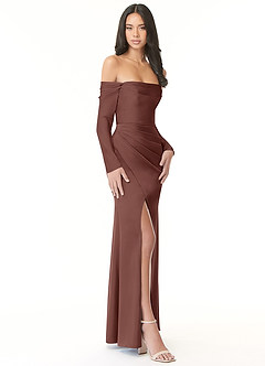 Azazie Hallie Bridesmaid Dresses Espresso Sheath Off-The-Shoulder Long Sleeve Stretch Satin Convertible Dress image5