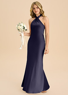 Azazie Chickie Junior Vestido de Tormenta de Satén Elástico de Corte Recto con Plisado image4